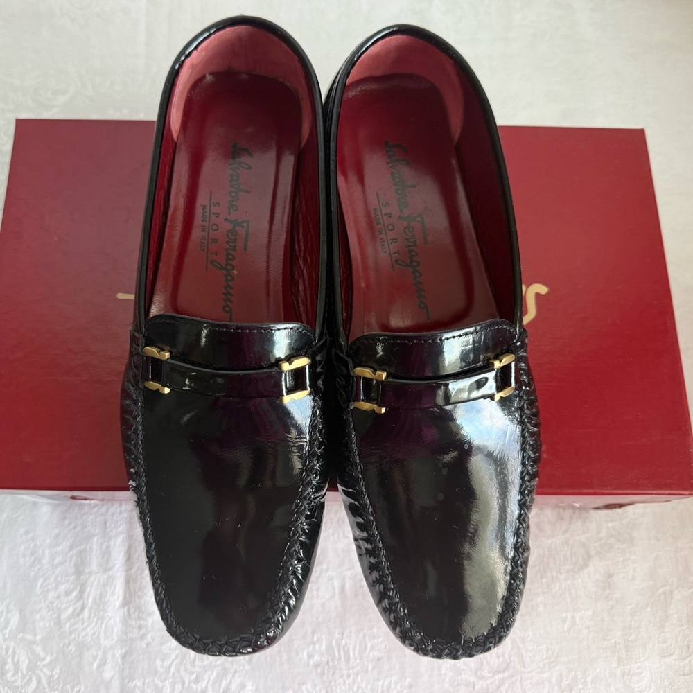 Salvatore Ferragamo Black Patent Leather Loafers with Gold Tone Hardware - Picture 2 of 9